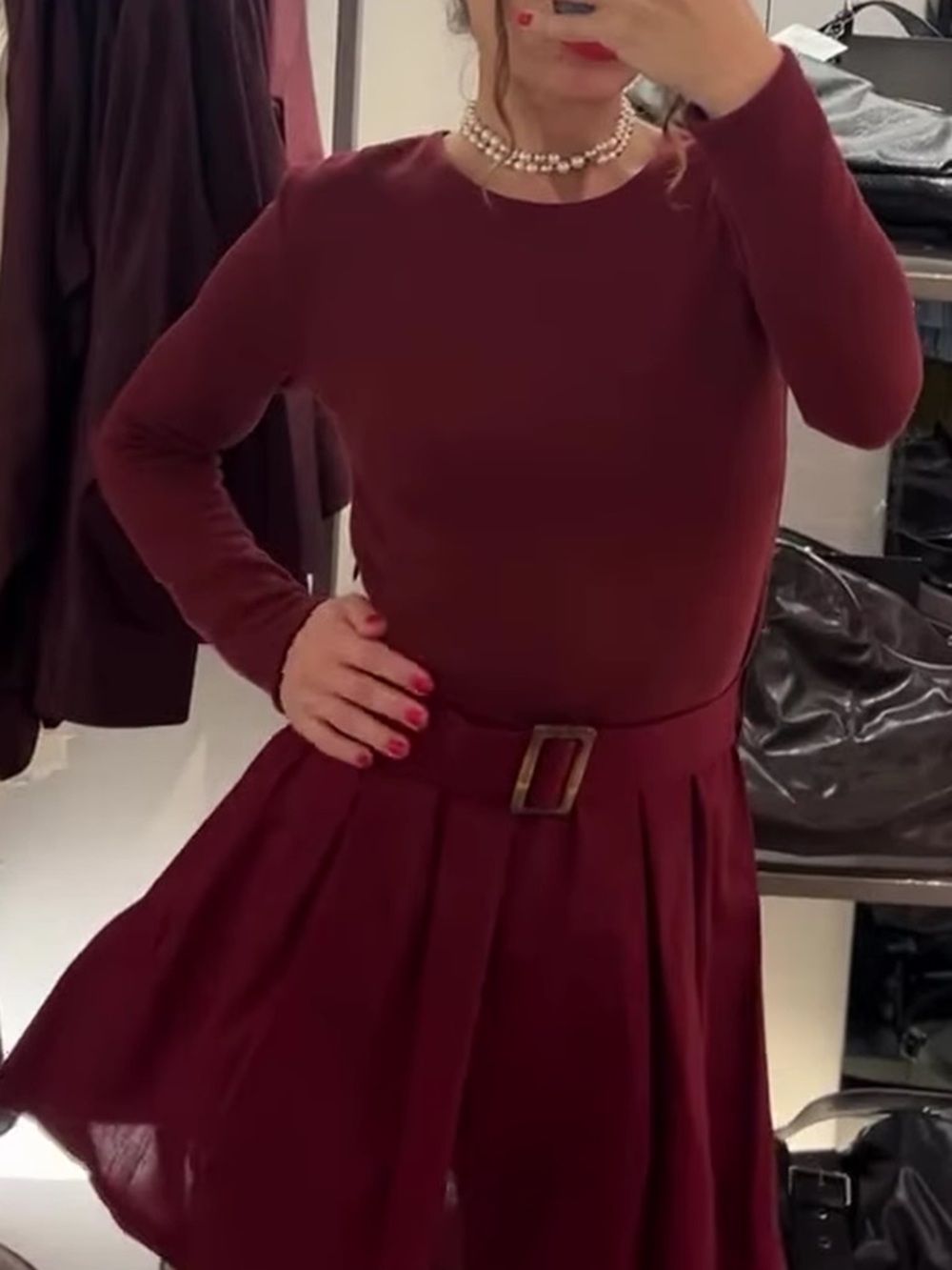 Zara Burgundy Long-Sleeve Belted Dress